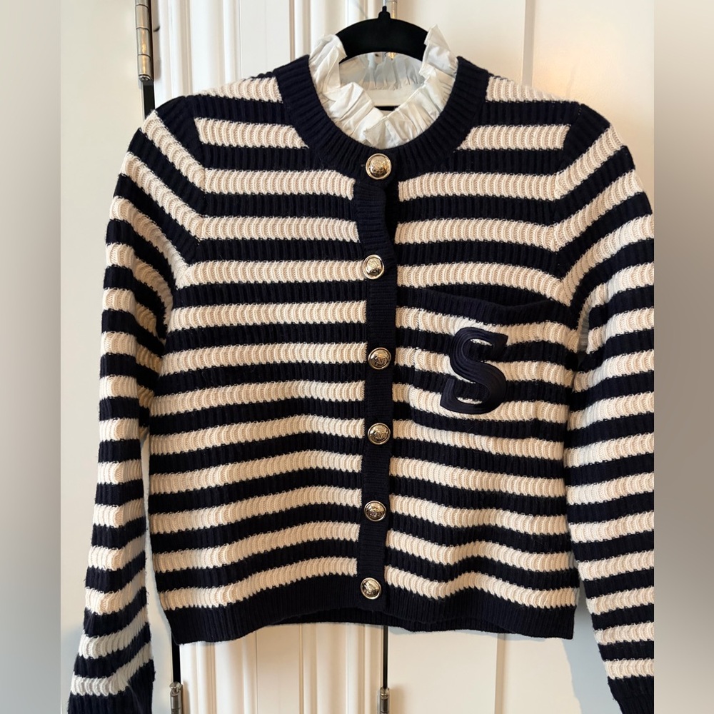 Sandro Navy and Cream Striped Cardigan - Picture 4 of 7
